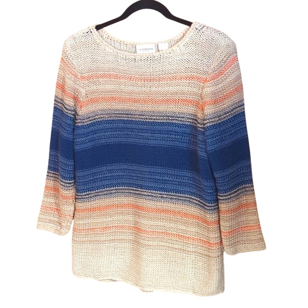 Liz Claiborne Cream Striped Round Neck 3/4 Sleeve Sweater Women's Size L